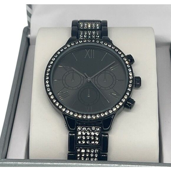 Black Tone Crystal Bracelet Watch Womens Stunning Trendy Fashion Glitz Bezel NWT main image 4